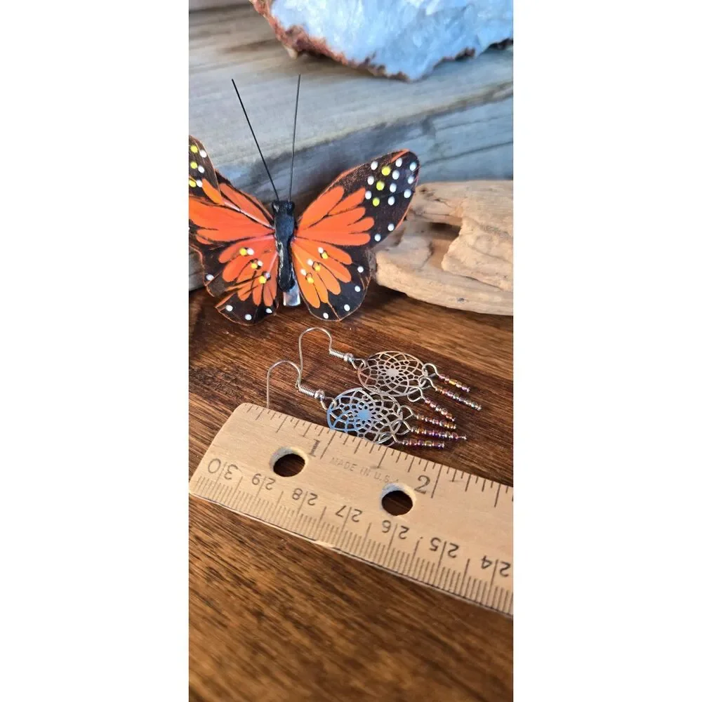 Silver Tone Dreamcatcher Dangle Earrings with Amber Glass Beads | Boho Western